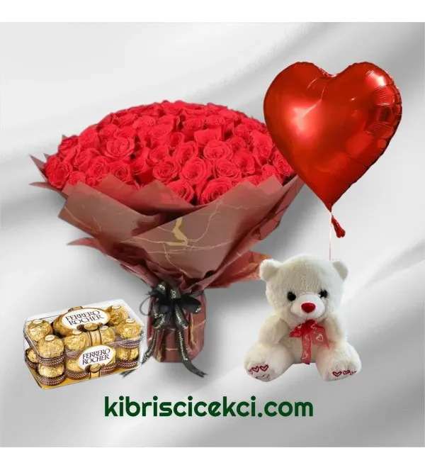 101 Kırmızı Gül Buketi 16'lı Ferrero Çikolata Ayıcık Kalp Helyum Balon