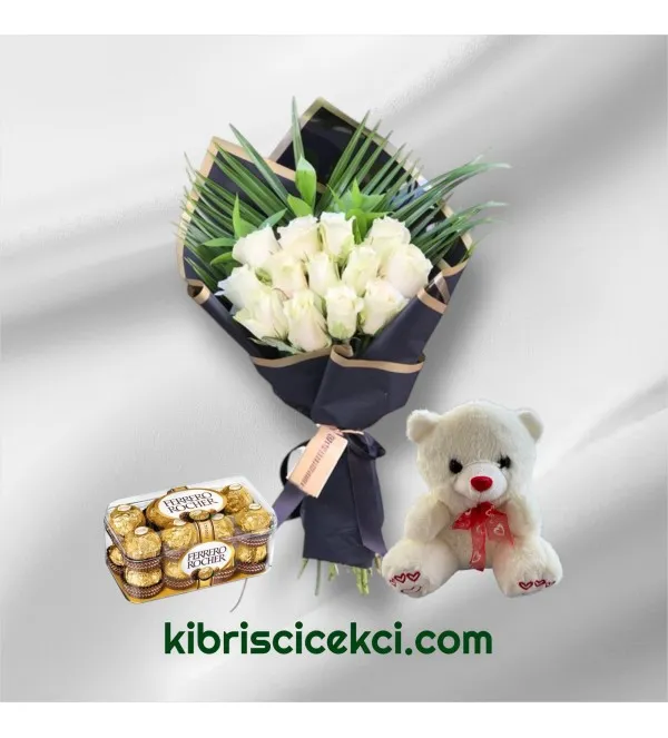 13 Beyaz Gül Buketi Ayıcık 16'lı Ferrero Çikolata