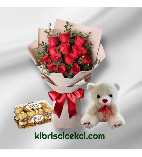 13 Kırmızı Gül Buketi 16'lı Ferrero Çikolata ve Ayıcık