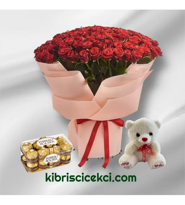 151 Kırmızı Gül Buketi 16'lı Ferrero Çikolata ve Ayıcık
