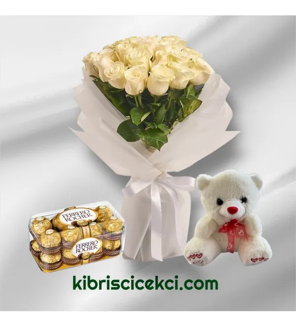 17 Beyaz Gül Buketi Ayıcık 16'lı Ferrero Çikolata