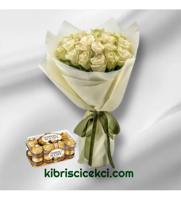19 Beyaz Gül Buketi 16'lı Ferrero Çikolata
