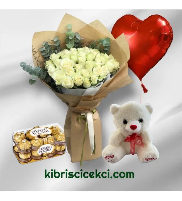 30 Beyaz Gül Buketi Ayıcık 16'lı Ferrero Çikolata Kalp Helyum Balon