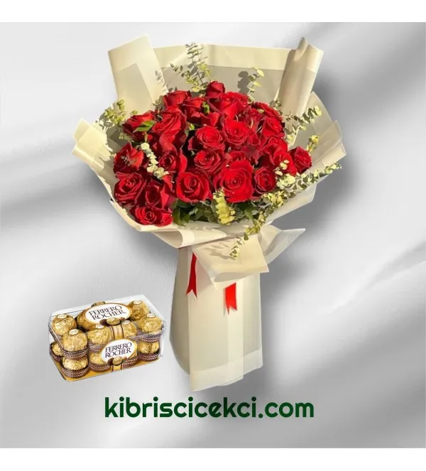 30 Kırmızı Gül Buketi 16'lı Ferrero Çikolata
