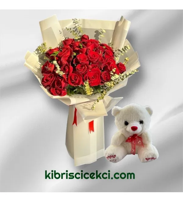 30 Kırmızı Gül Buketi Ayıcık