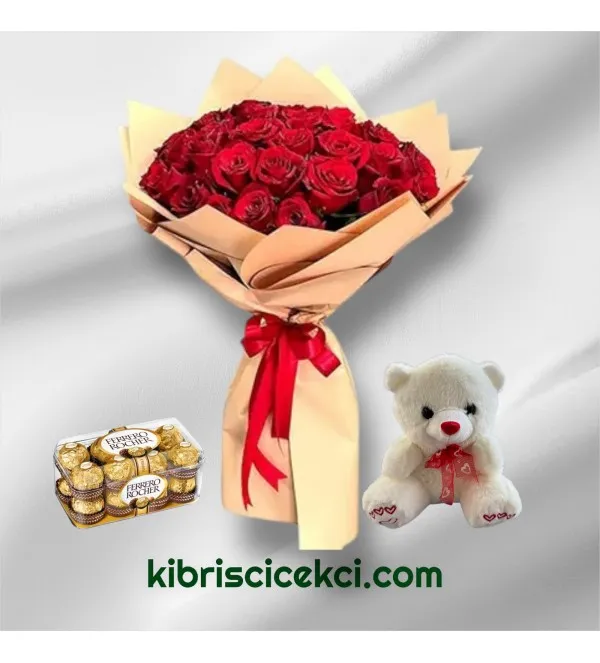 36 Kırmızı Gül Buketi 16'lı Ferrero Çikolata ve Ayıcık