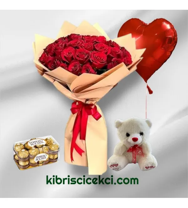 36 Kırmızı Gül Buketi 16'lı Ferrero Çikolata Ayıcık Kalp Helyum Balon
