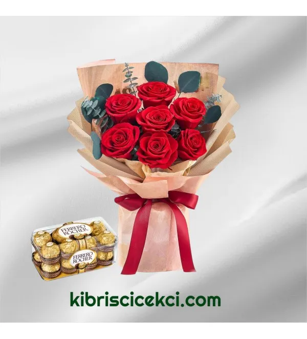 7 Kırmızı Gül Buketi 16'lı Ferrero Çikolata