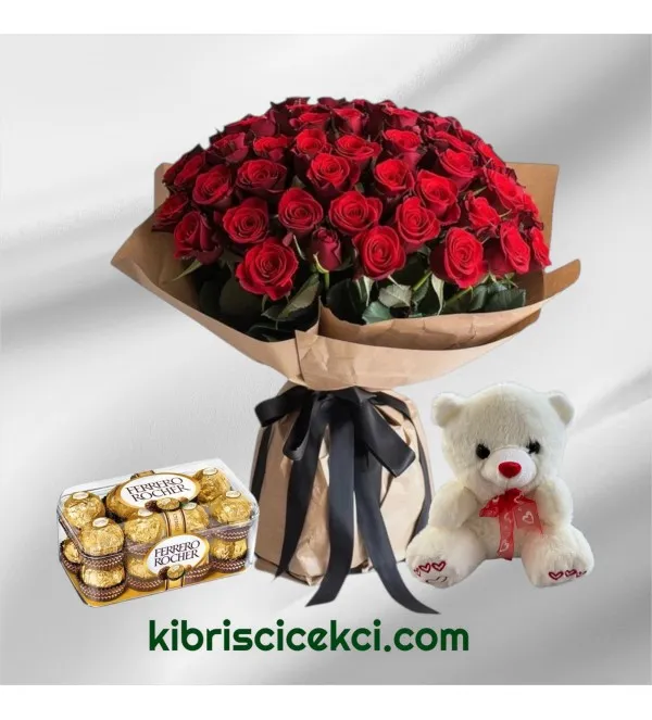 81 Kırmızı Gül Buketi 16'lı Ferrero Çikolata ve Ayıcık