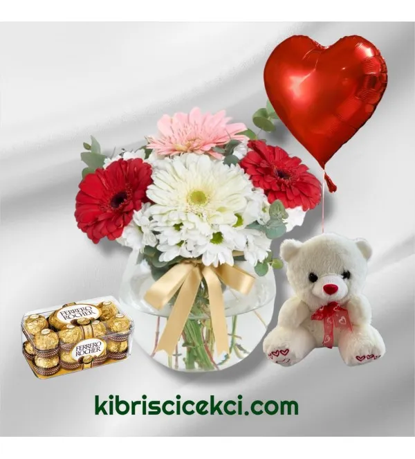 Akvaryumda Karışık Çiçek Ayıcık 16'lı Ferrero Çikolata Kalp Helyum Balon