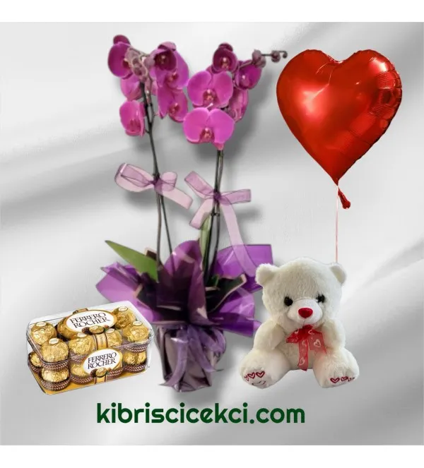Çift Dal Mor Orkide Ayıcık 16'lı Ferrero Çikolata Kalp Helyum Balon