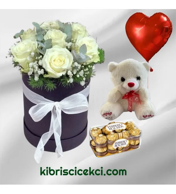 Kutuda 7 Beyaz Gül Ayıcık 16'lı Ferrero Çikolata Kalp Helyum Balon