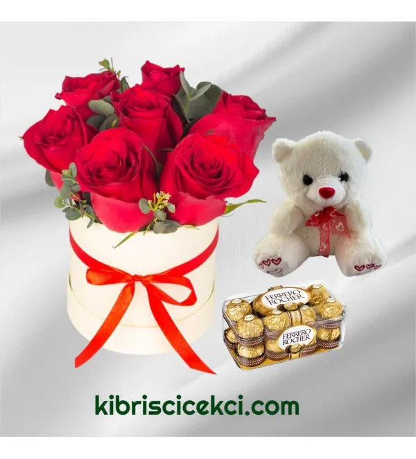 Kutuda 7 Kırmızı Gül Ayıcık 16'lı Ferrero Çikolata