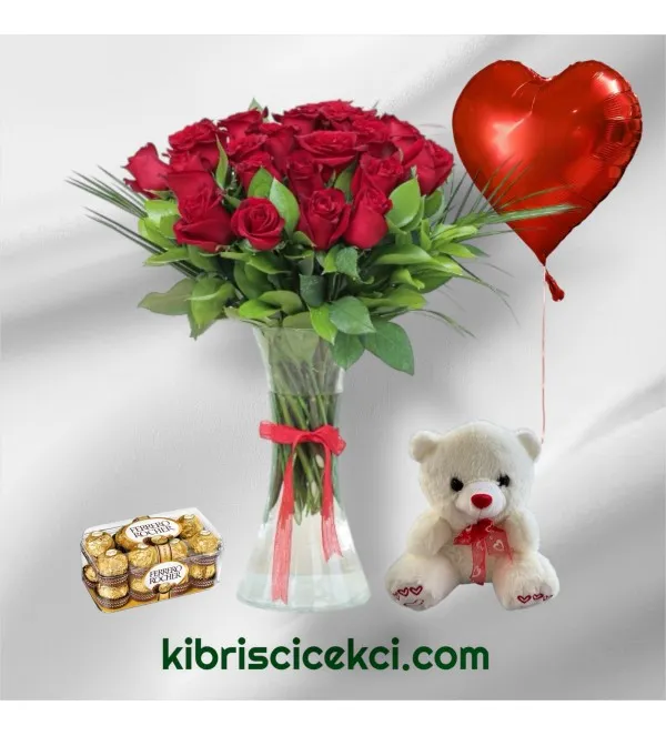 Vazoda 29 Kırmızı Gül Ayıcık 16'lı Ferrero Çikolata Kalp Helyum Balon