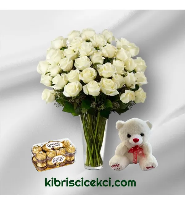 Vazoda 41 Beyaz Gül Ayıcık 16'lı Ferrero Çikolata
