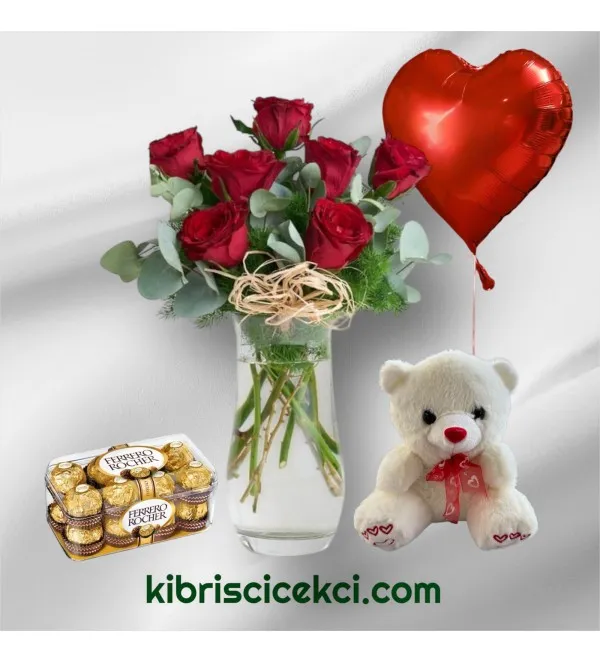Vazoda 7 Kırmızı Gül Ayıcık 16'lı Ferrero Çikolata Kalp Helyum Balon