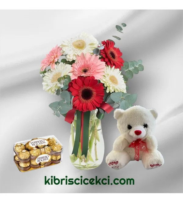 Vazoda Gerbera Ayıcık 16'lı Ferrero Çikolata